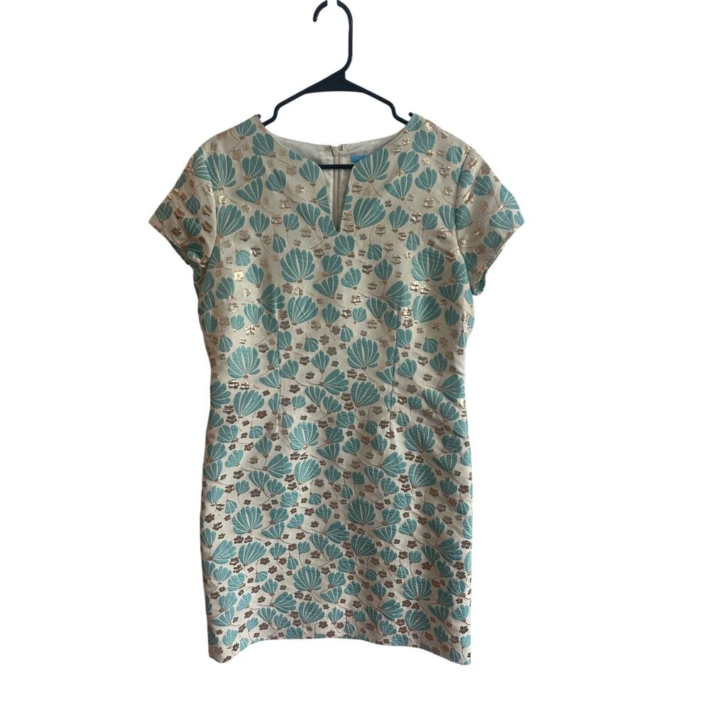 J.McLaughlin Ariana Short Sleeve Metallic Gold Blue Daisy Sheath Dress Sz 12